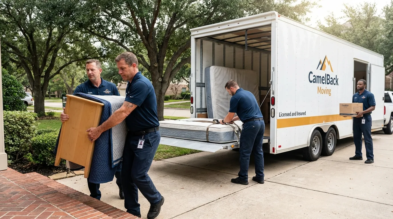 Crew loading residential truck for cross-state move from Walnut Grove, CA