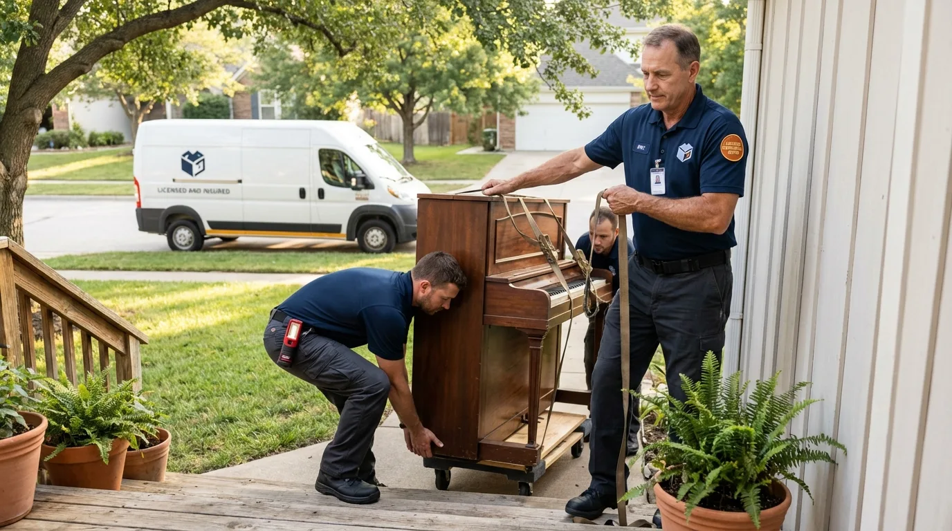 Licensed piano movers securing grand piano in Walnut Grove, CA