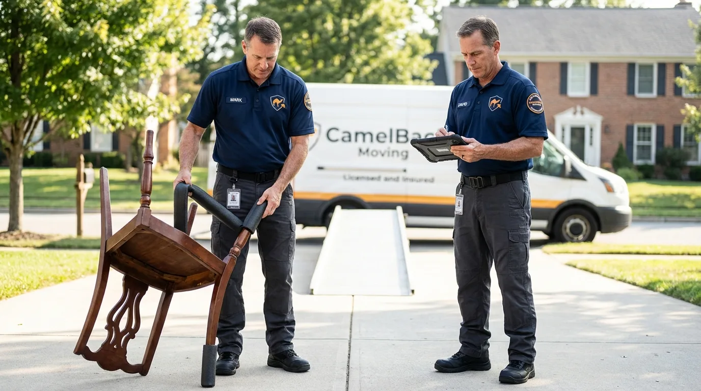 Movers inspecting furniture for damage prevention before loading in Walnut Grove, CA