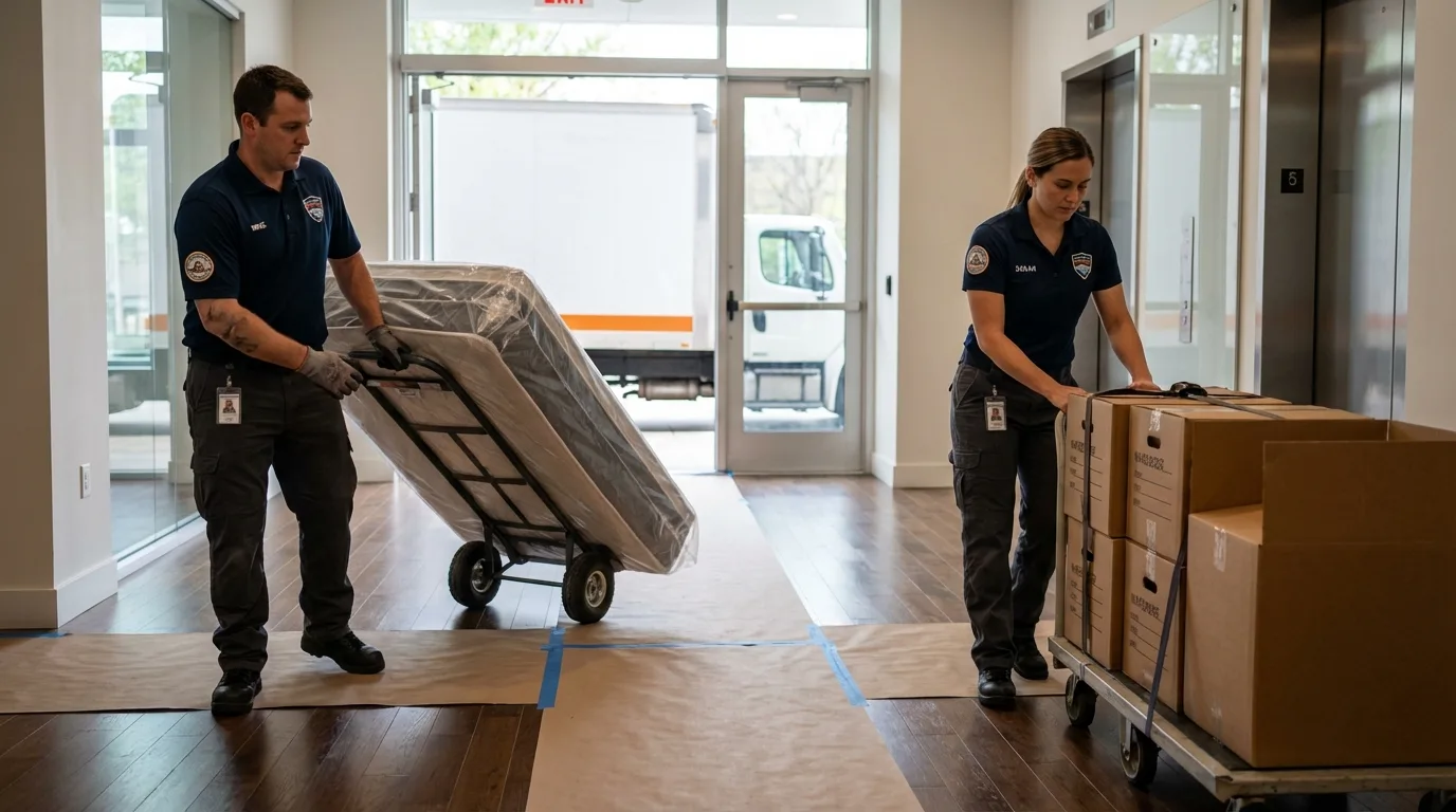 Professional apartment movers loading elevator in Walnut Grove, CA