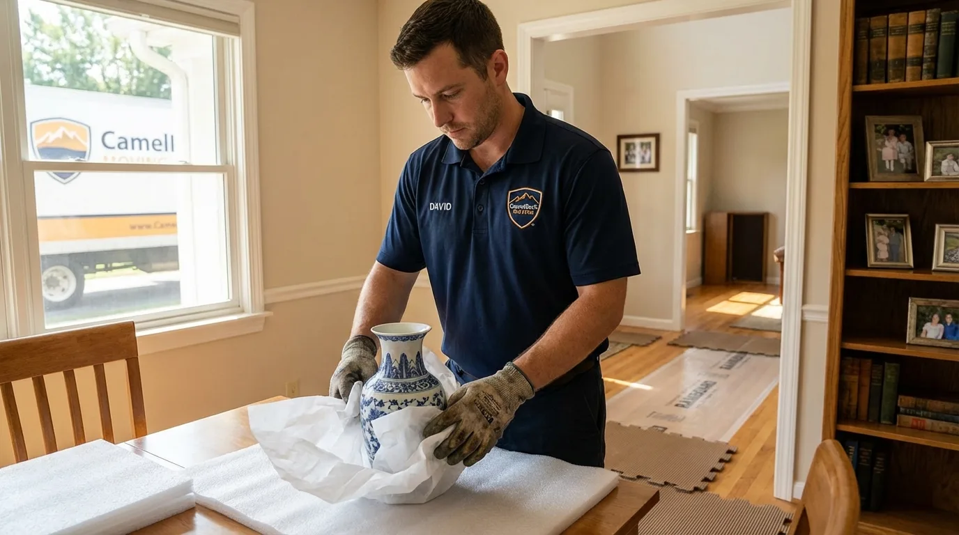 Professional crew carefully wrapping antique vase for senior downsizing move in Walnut Grove, CA